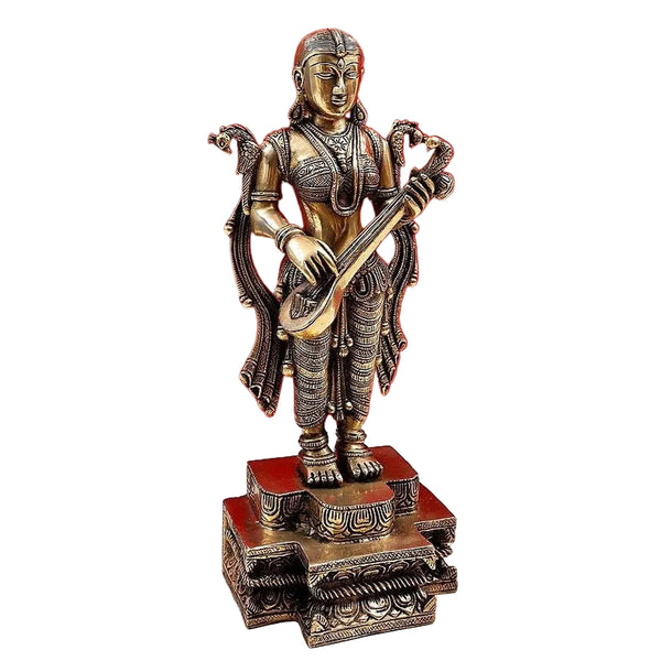 Brass Handmade Standing Devi Saraswati, 14 inches. Entryway Setting