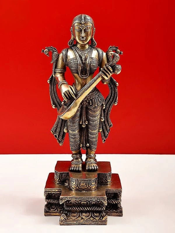 Brass Handmade Standing Devi Saraswati, 14 inches.