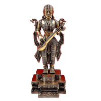14-inch brass standing Saraswati statue with detailed jewelry and veena