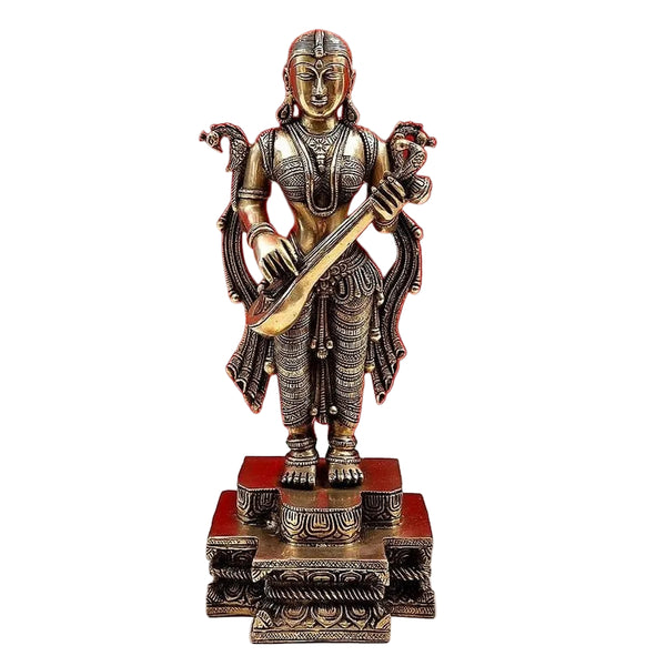 Brass Handmade Standing Devi Saraswati, 14 inches.