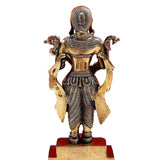 Back view of 14-inch brass standing Saraswati statue with engraved drapery