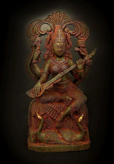 Handmade brass Saraswati statue, seated with veena; two swans at feet, 7 inches