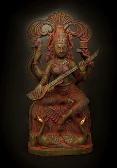 Handmade brass Saraswati statue, seated with veena; two swans at feet, 7 inches