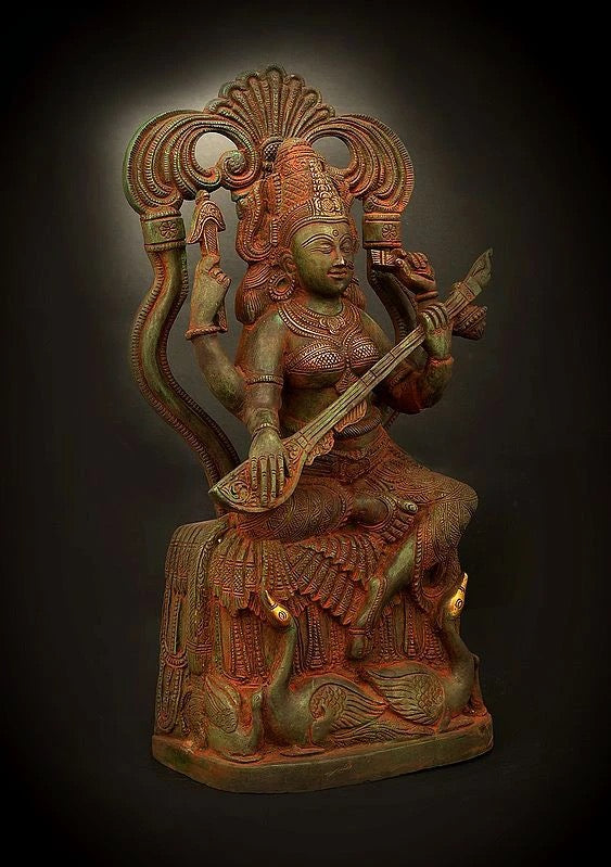 Handmade Brass Veenadhari Devi Saraswati with Two Swans at Her Feet, 7 inches. Craft Detail