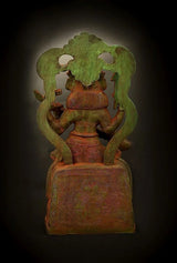 Handmade brass Saraswati statue back view, draped form with tall ornate back panel