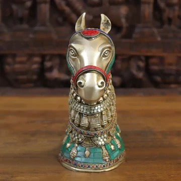 Brass Horse Head with Golden Finish and Stone Work 11 inches