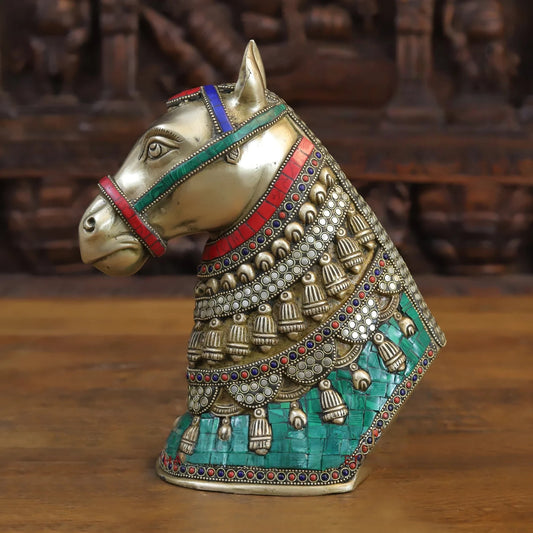 Brass Horse Head with Golden Finish and Stone Work 11 inches