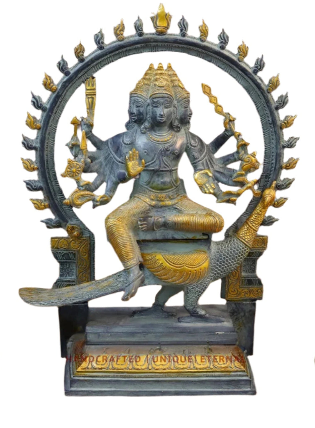 Brass Lord Kartik seated with ornate frame & peacock, grey and gold finish, 17.5 in