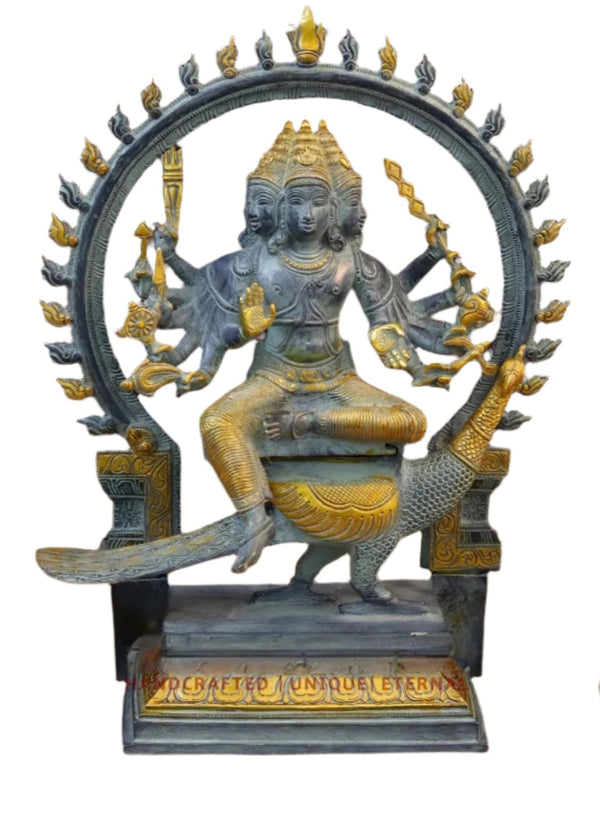 Brass Lord Kartik Seated with Ornate Frame & Peacock, Grey and Golden Finish, 17.5 inches Mandir Setting