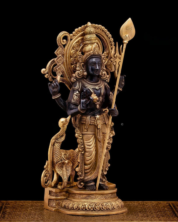 Large Brass Lord Murugan Statue, 53 cm, Black and Gold Entryway Setting