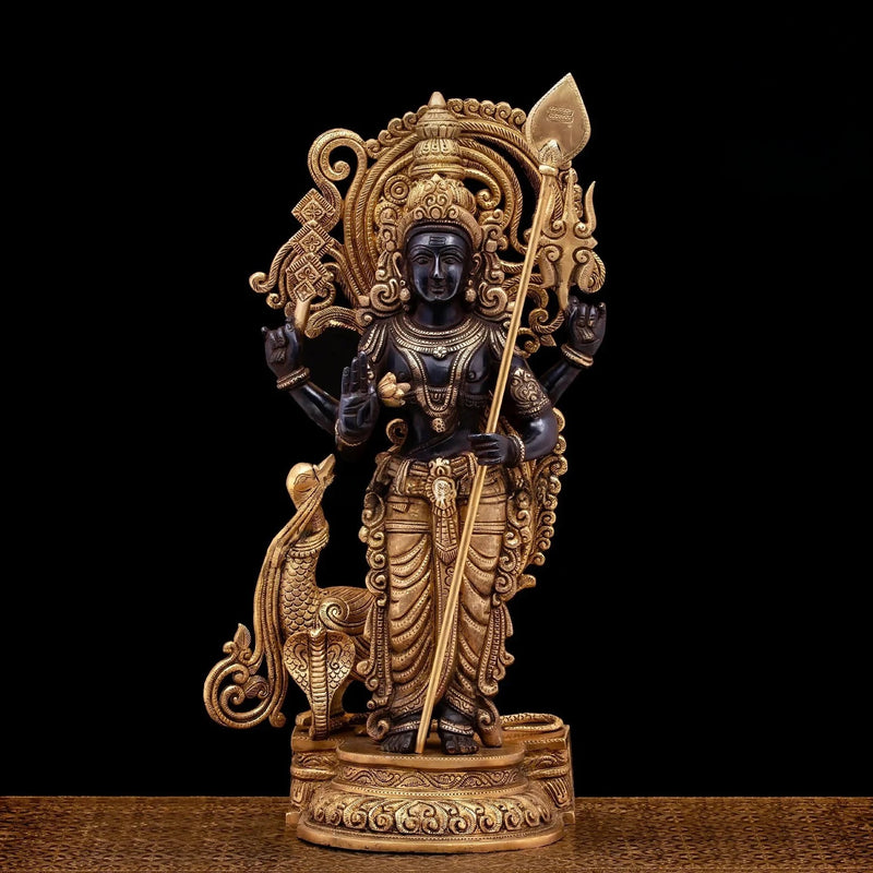 Large Brass Lord Murugan Statue, 53 cm, Black and Gold