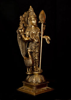 Lord Karthikeya brass statue, 13-inch: side view holding spear, ornate armor