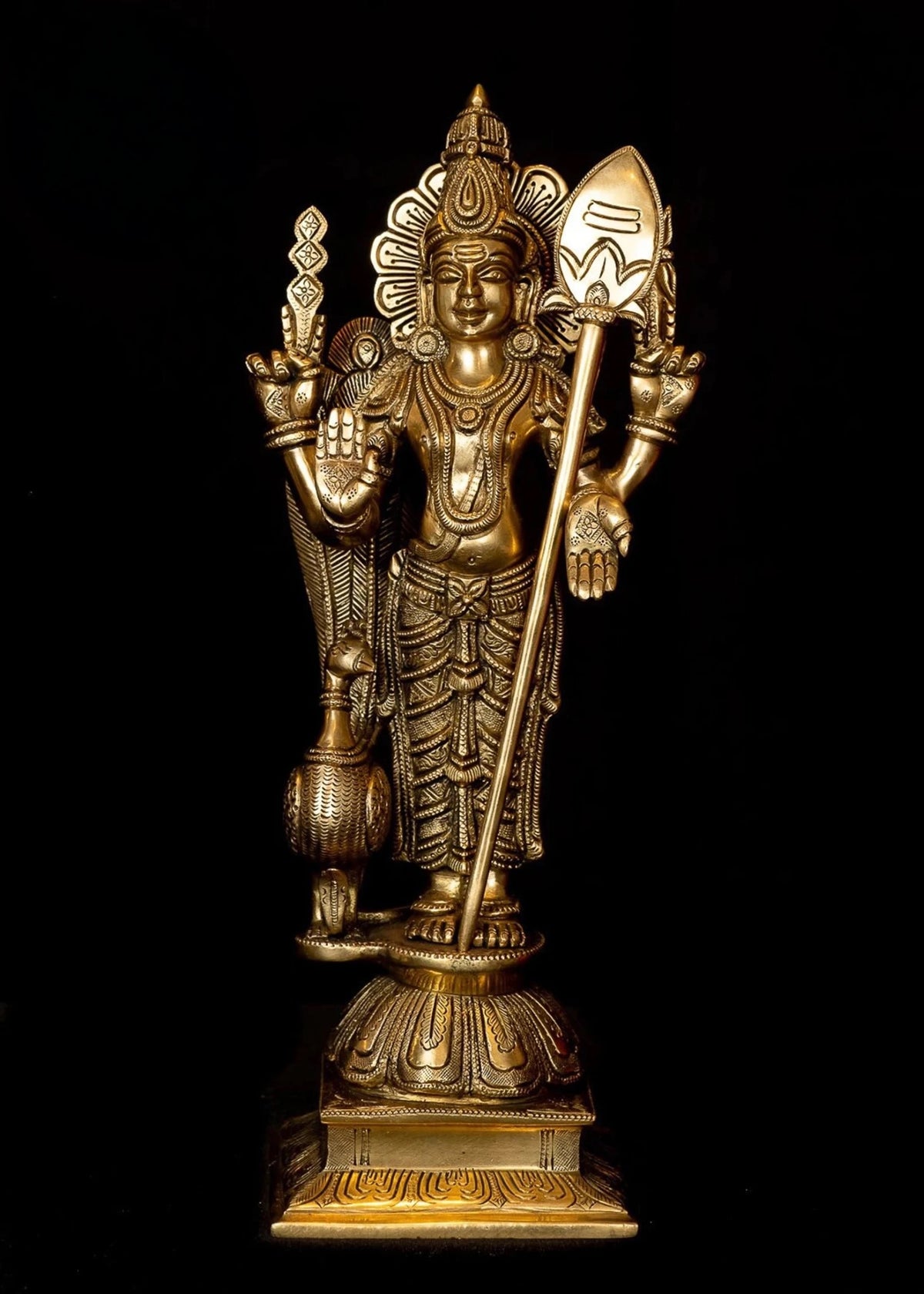 Lord Karthikeya brass statue, 13-inch: standing figure with spear and lotus