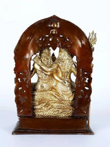 Gold-tone brass Shiva Parivar idol, back view with brown arch, 12 inch