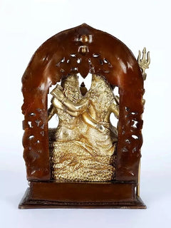 Gold-tone brass Shiva Parivar idol, back view with brown arch, 12 inch