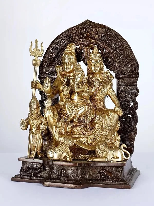Brass Sculpted Shiva Parivar Idol gold and brown 12 inches Craft Detail