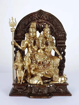 Gold-tone brass Shiva Parivar idol with arch, trident, 12 inch