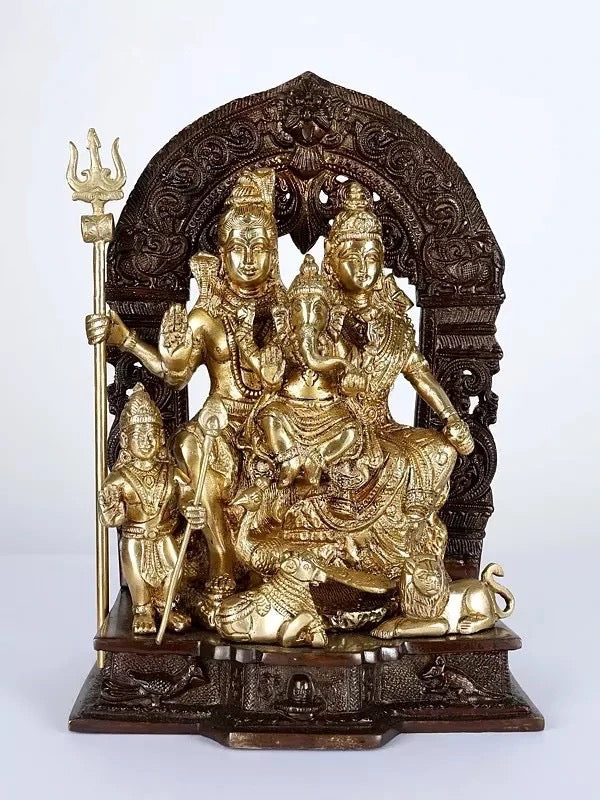 Gold-tone brass Shiva Parivar idol with arch, trident, 12 inch