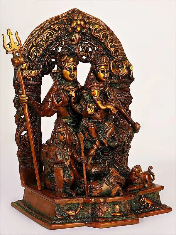 Brass Sculpted Shiva Parivar Idol antique red 12 inches Entryway Setting