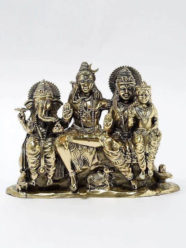 Brass Lord Shiva family statue, seated figures with detailed jewelry and crowns