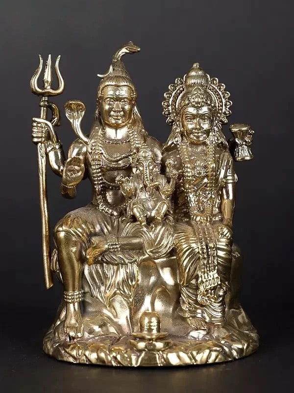 Brass Shiva-Parvati-Ganesha family idol, 4-inch seated figures with trident