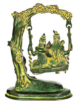Antique brass Shiva swing statue with Parvati and Ganesha, side view, 10-inch