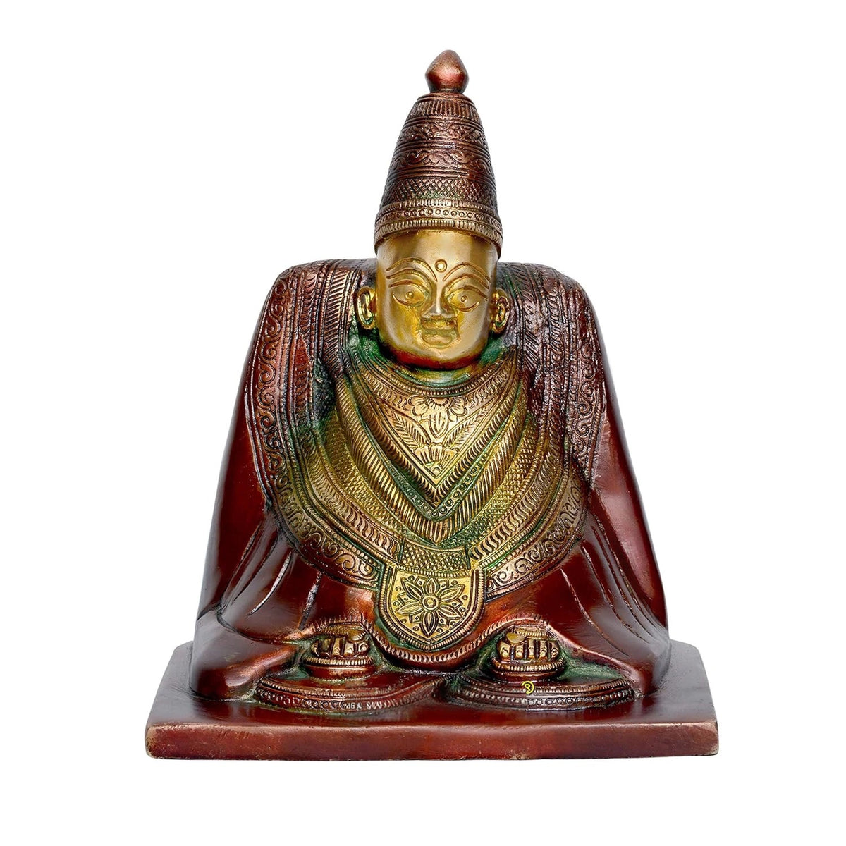 Antique brass Tulja Bhavani goddess idol, seated with green accents