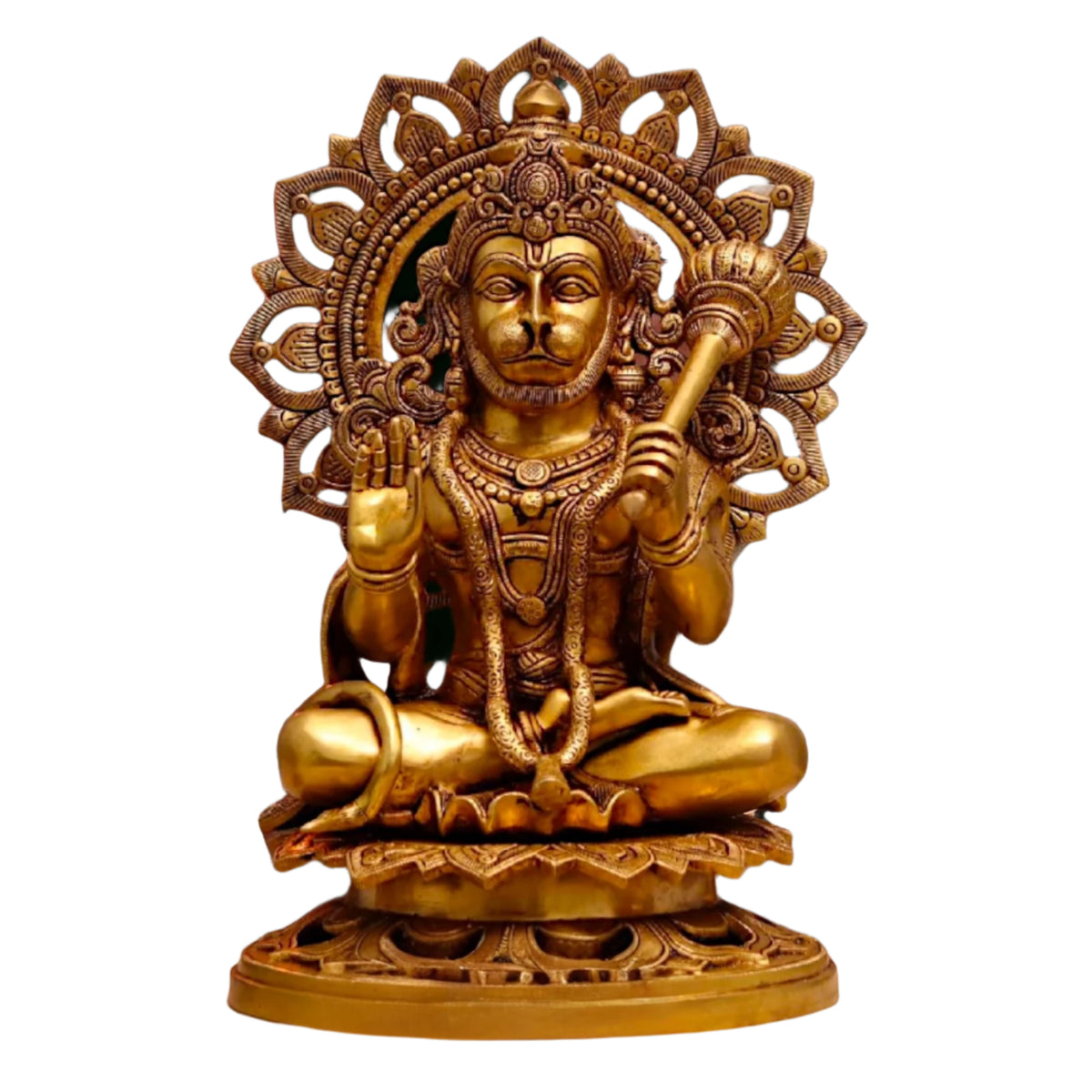 Brass Hanuman ji sitting idol with gada, 18-inch height, detailed gold finish.