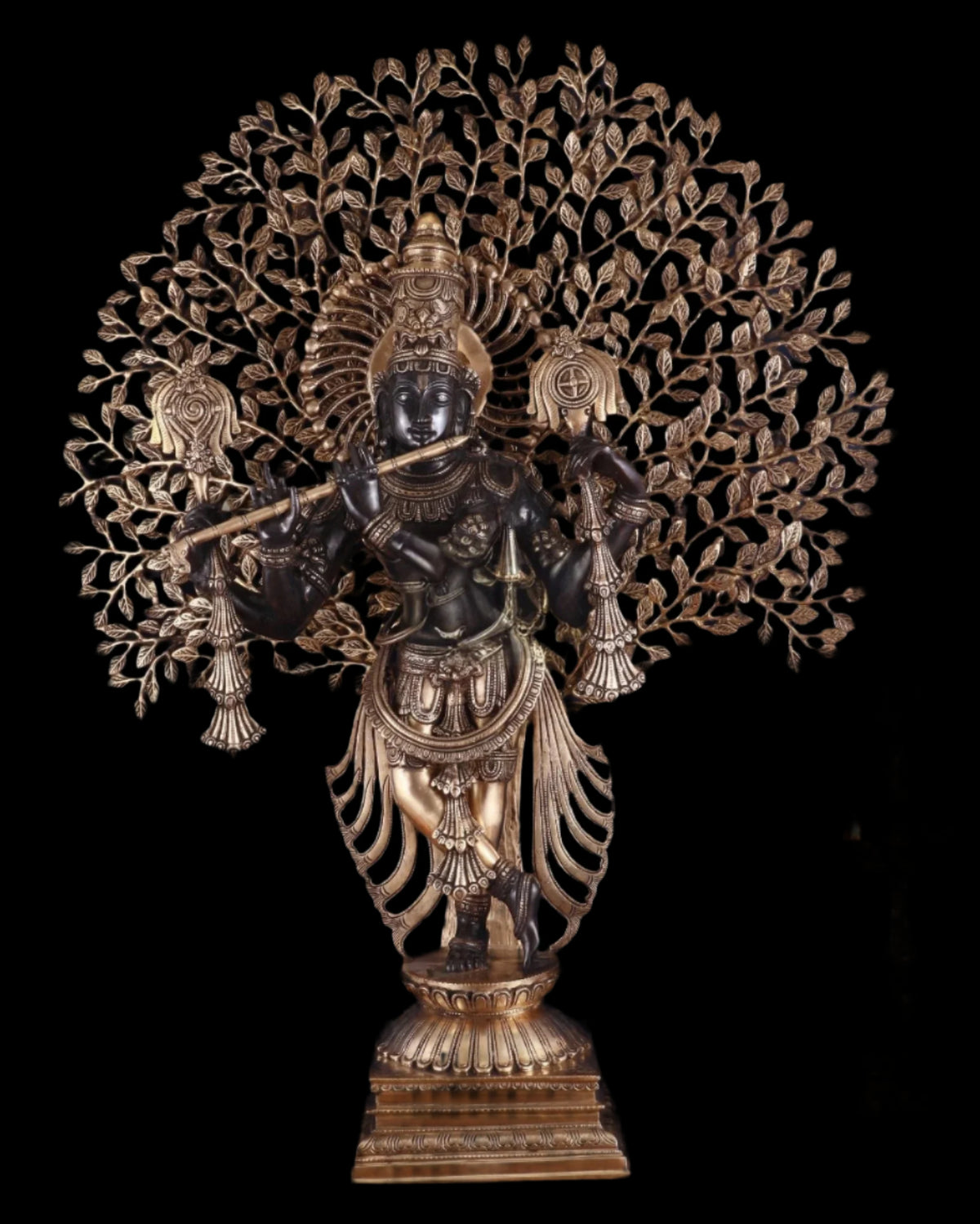 Brass Lord Krishna statue with kalpavriksha tree stand, arms raised, ornate details