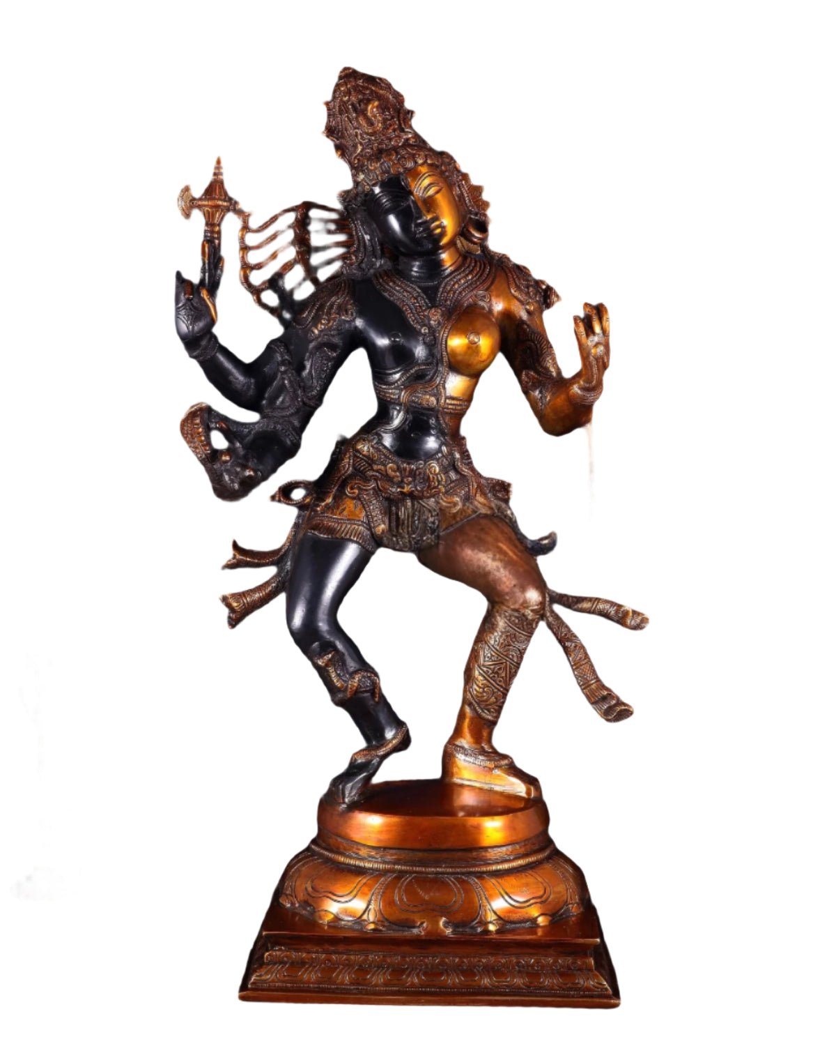 Ardhanarishvara brass statue, dancing figure with trident and drum, 24-inch height