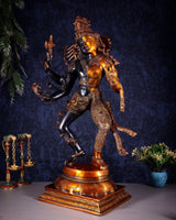 Ardhanarishvara metal statue, side view with trident and patterned ornaments, golden torso