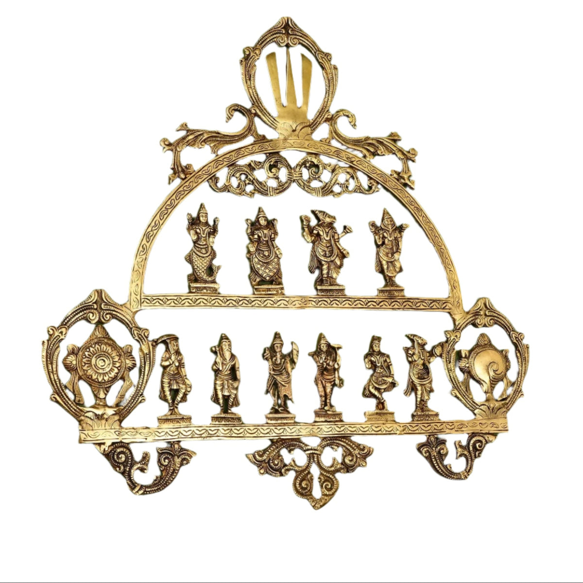 Brass Vishnu Dashavatar wall hanging with ornate arch and 10 standing avatars, 21 in