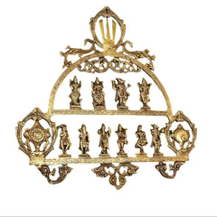 Brass Vishnu Dashavatar wall hanging with ornate arch and 10 standing avatars, 21 in