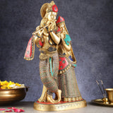 Standing Radha Krishna brass statue, Krishna holding a flute, Radha in detailed saree
