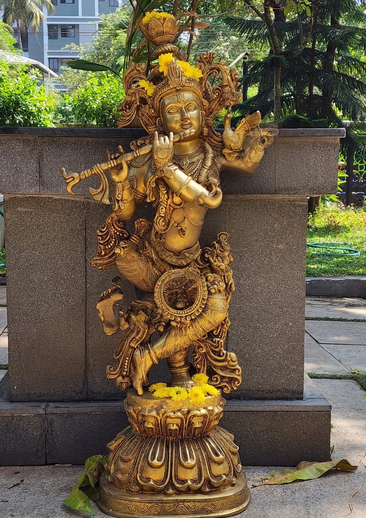 Brass Shree Krishna idol, flute pose, ornate jewelry, flower crown—36 inch