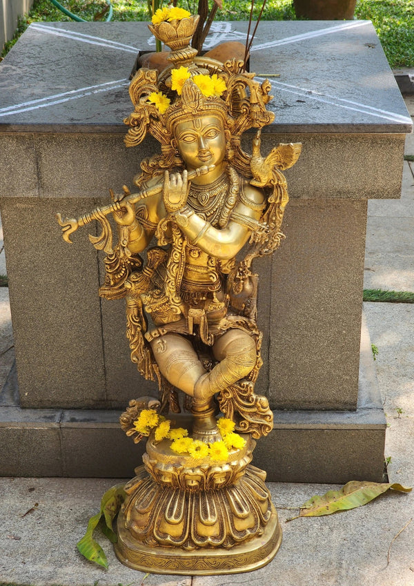 Brass Shree Krishna Idol (Height : 36 inch) Study Setting