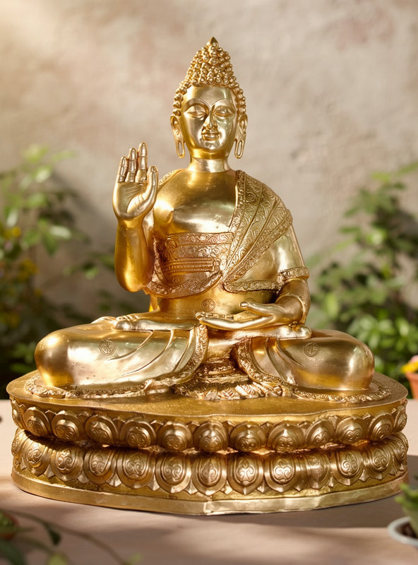 Large brass Svarnima Buddha statue, seated pose, right hand raised, left resting