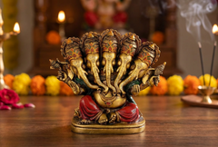 Resin Panchmukhi Ganesha idol, five gold faces, red drape, for puja