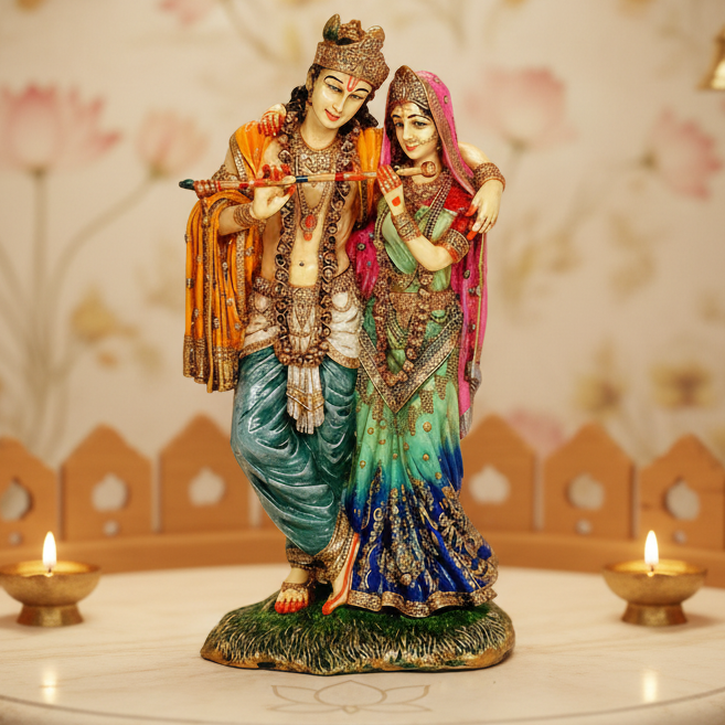 Bonded Bronze Cold Cast Radha Krishna Idol Murti Statue (Height: 11 inches)