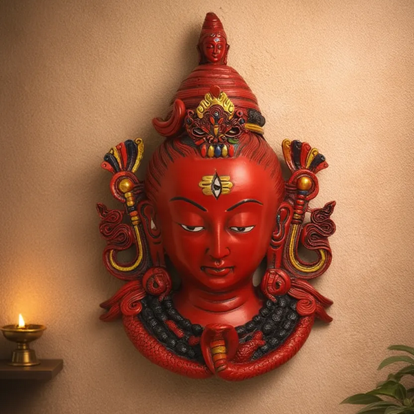Resin Shiva Head Wall Hanging Mask Statue Nepali Style (Height : 11 Inch) (Red)