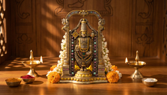 8-inch Tirupati Balaji idol in cold-cast resin, gold frame with jeweled ornaments