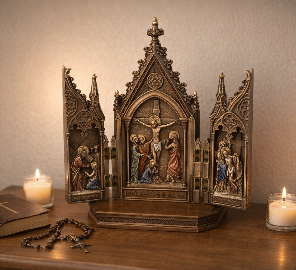 Resin Jesus-on-the-cross statue with openwork side panels and arched frame