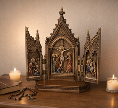 Resin Jesus-on-the-cross statue with openwork side panels and arched frame