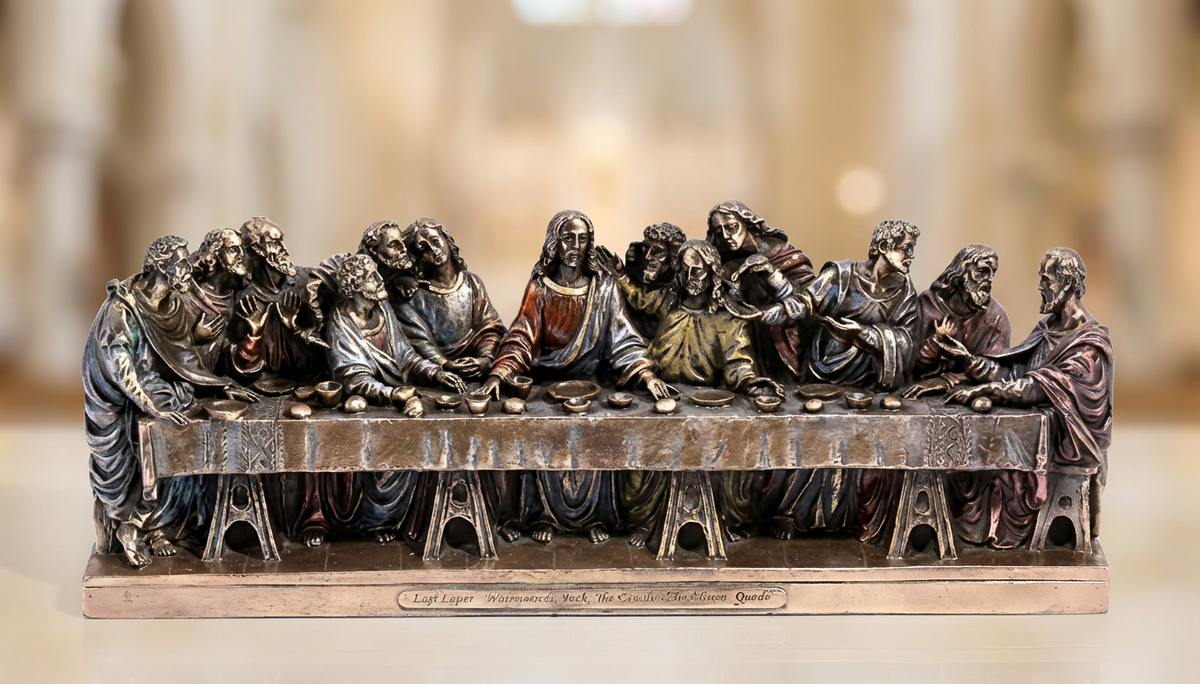 Resin Last Supper showpiece: seated figures around a sculpted table, bronze finish