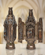 Resin Mother Mary statue with Jesus figure in ornate shrine, front view, dark bronze tone