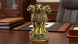 Brass Ashoka Stambh emblem memento, lion figure with Ashoka wheel base, 7 inch
