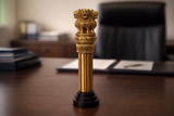 Brass Ashoka pillar finial, 10-inch height with lion figure on round base