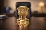 Brass Ashoka pillar lion emblem memento with two lion figures on circular base