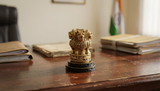 Wooden Ashoka Stambh emblem memento, lion figure on black base, 3 inch