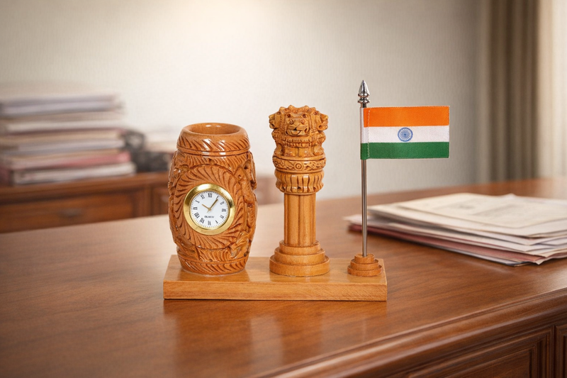 Wooden Pen Stand Stand Holder with with Ashoka Stambh and Watch | Gifting Item | Height : 4.5 inches
